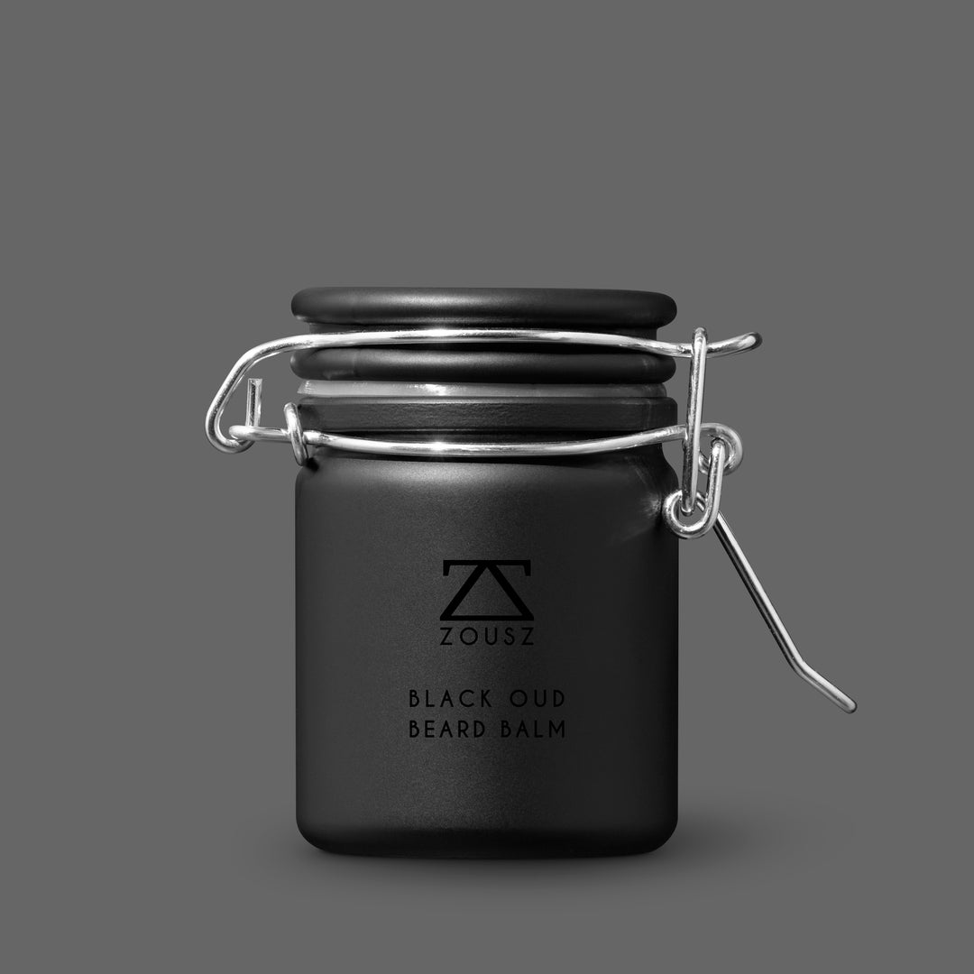 ZOUSZ Black Oud Beard Balm, 50g glass jar, medium hold oud beard balm made in England