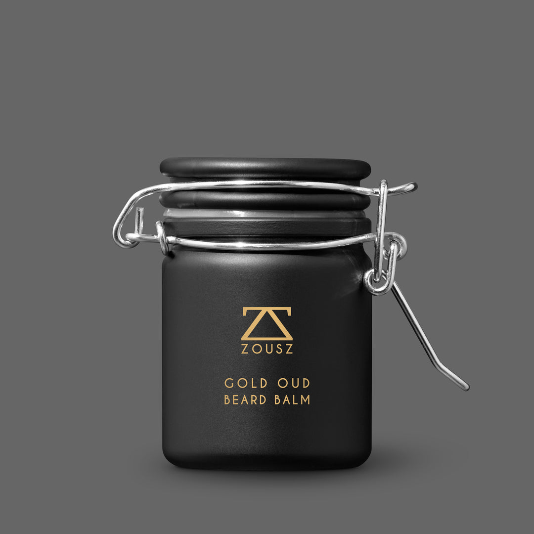 ZOUSZ Gold Oud Beard Balm, 50g glass jar, medium hold oud beard balm made in England