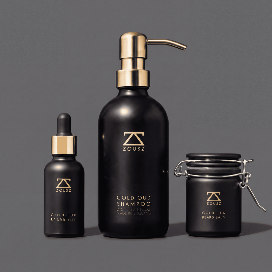 The Gold Oud Ritual by ZOUSZ, beard shampoo, oil and balm, oud beard care set made in England